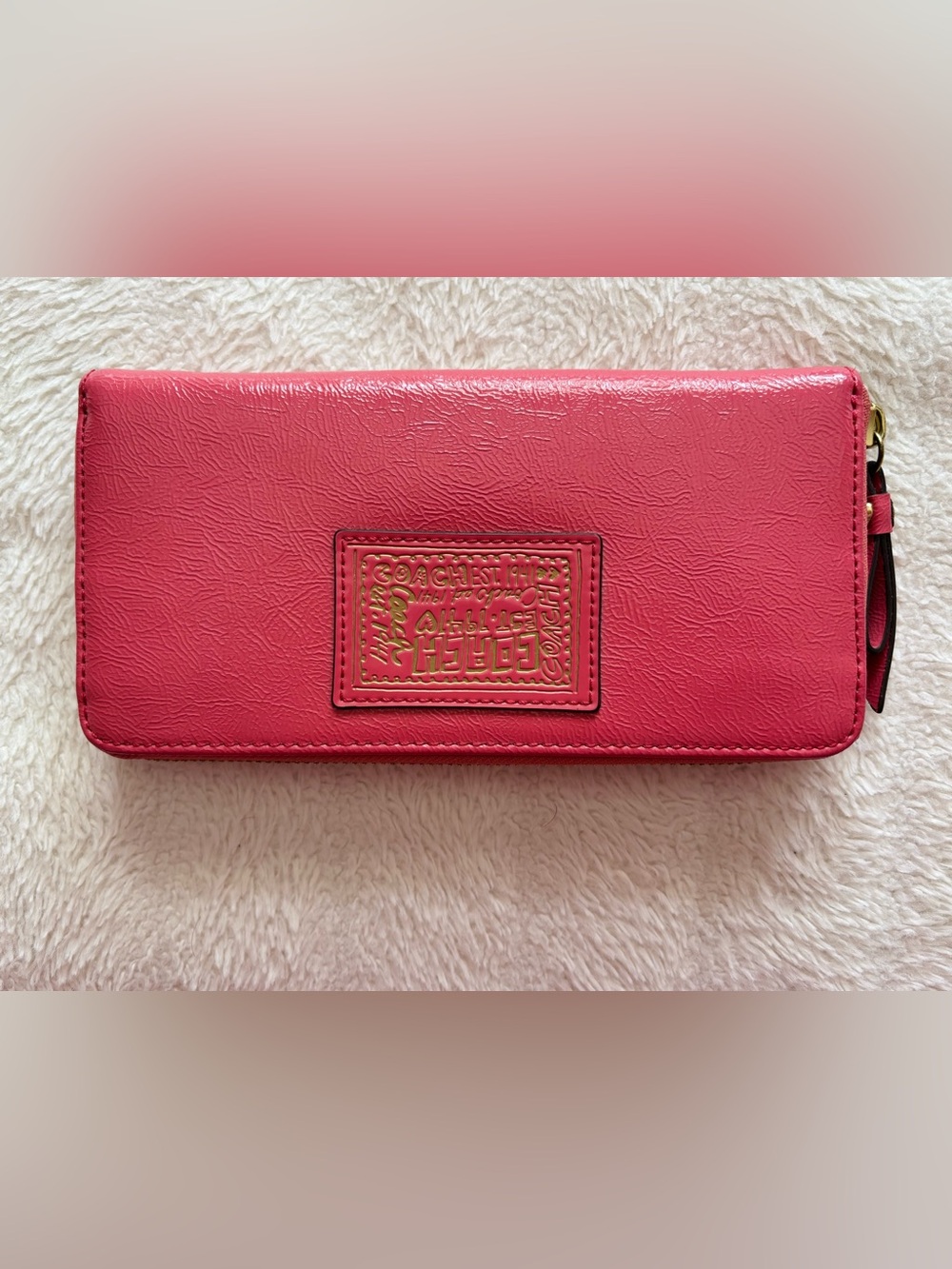 Coach Poppy Pink Leather Continental Wallet with Gold Plaque